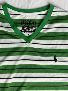 NWT Polo Ralph Lauren Long Sleeve V Neck Shirt XL Green Stripe Pony Logo